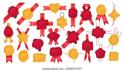 Wax stamps. Cartoon red and golden seal with ribbons and jute cord, vintage postal wax stamps flat vector illustration set. Retro paraffin stamps collection