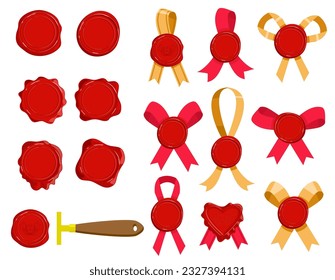 Wax stamps vector icons set. Wax seals stamps with ribbon isolated on white.  Decorative candle seal postage stamp. Retro seal wax stamps vector set for certificate and document. vector illustration 