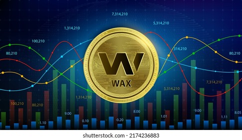 WAX (WAXP) coin Cryptocurrency blockchain. Future digital currency replacement technology alternative currency, Silver golden stock chart number up down is background. 3D Vector illustration.