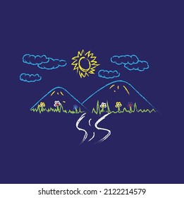 Waxed crayons like hand drawn children's houses, grass, colorful flowers and sun. Chalk pastels are like cute children's hand-painted spring and summer meadows. Vector pastel chalk banner background.
