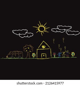Waxed crayons like hand drawn children's houses, grass, colorful flowers and sun. Chalk pastels are like cute children's hand-painted spring and summer meadows. Vector pastel chalk banner background.