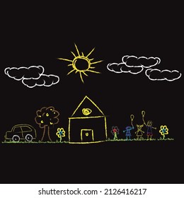 Waxed crayons like hand drawn children's houses, grass, colorful flowers and sun. Chalk pastels are like cute children's hand-painted spring and summer meadows. Vector pastel chalk banner background.