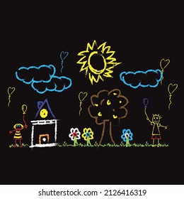 Waxed crayons like hand drawn children's houses, grass, colorful flowers and sun. Chalk pastels are like cute children's hand-painted spring and summer meadows. Vector pastel chalk banner background.