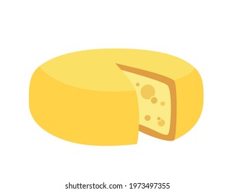 Waxed Holland cheese wheel of Hard pressed artisan Maasdam.Semi hard,Dutch chees with holes and yellow waxed rind.Colored flat vector illustration of delicatessen food,snack isolated, white background