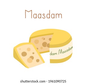 Waxed Holland cheese wheel of Maasdam and cut triangle piece of Dutch chees with holes and yellow rind. Colored flat vector illustration of delicatessen food or snack isolated on white background