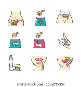 Waxing beige color icons set. Bikini, leg, upper lip, chin hair removal. Cold, hot wax in jar with spatula. Depilation equipment. Professional beauty treatment cosmetics. Isolated vector illustrations