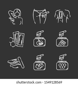 Waxing chalk icons set. Armpit, buttocks, back, brow hair removal. Natural fruit, sugar wax in jar. Cold depilation strips. Professional beauty treatment cosmetics. Isolated chalkboard illustrations