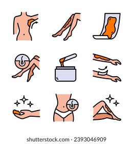 Waxing color icons set. Female hair removal procedure. Depilation equipment. Thin line contour symbols. Isolated vector outline illustrations. Body hair removal equipment.