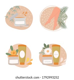 Waxing cream, paste color icons set. Body lotion, oil for depilation. Professional beauty treatment cosmetics. Isolated vector illustration for banner, logo, poster, advertising

