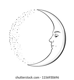 Waxing Crescent Moon with a face of handsome young man. Hand drawn vector illustration in vintage style.