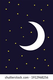 Waxing crescent moon surrounded by bright small stars. Childish style. Childern's book