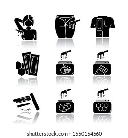 Waxing drop shadow black glyph icons set. Armpit, buttocks, back hair removal. Natural fruit, sugar wax in jar. Cold depilation strips. Professional beauty treatment. Isolated vector illustrations