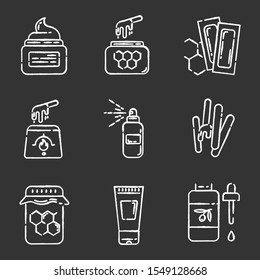 Waxing equipment chalk icons set. Honey wax strips with spatula. Hair removal tools. Body lotion, spray, oil for depilation. Professional beauty cosmetics. Isolated vector chalkboard illustrations