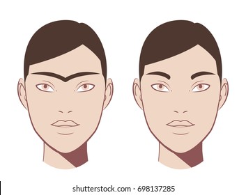 Waxing hair on the face. Eyebrow before and after correction. The concept of depilation and hair removal