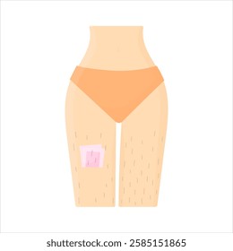 Waxing legs in cartoon style on a white background isolated. Wax strip on leg pulling hair out by root