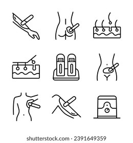 Waxing linear icons set. Bikini, leg, armpit, buttocks hair removal. Hot wax in jar with spatula. Depilation equipment. Thin line contour symbols. Isolated vector outline illustrations.