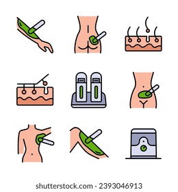 Waxing linear icons set. Bikini, leg, armpit, buttocks hair removal. Hot wax in jar with spatula. Depilation equipment. Thin line contour symbols. Isolated vector outline illustrations.