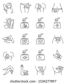 Waxing linear icons set. Female, male hair removal procedure. Cold, hot wax in jar with spatula. Depilation equipment. Thin line contour symbols. Isolated vector outline illustrations. Editable stroke