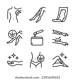 Waxing linear icons set. Female hair removal procedure. Depilation equipment. Thin line contour symbols. Isolated vector outline illustrations. Body hair removal equipment.