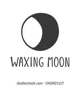 Waxing moon minimalistic caption icon. Astrological or astronomical symbol isolated on white background. Vector shabby hand drawn illustration
