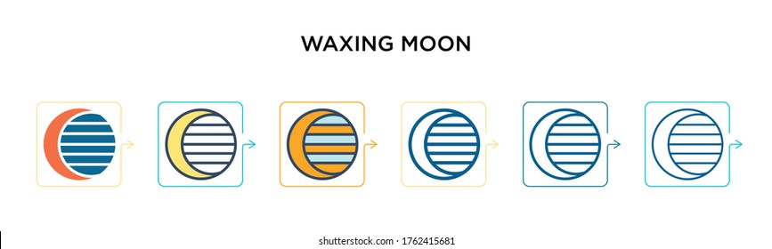 Waxing moon vector icon in 6 different modern styles. Black, two colored waxing moon icons designed in filled, outline, line and stroke style. Vector illustration can be used for web, mobile, ui