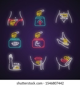 Waxing neon light icons set. Bikini, leg, upper lip, chin hair removal. Cold, hot wax in jar with spatula. Depilation equipment. Professional cosmetics. Glowing signs. Vector isolated illustrations