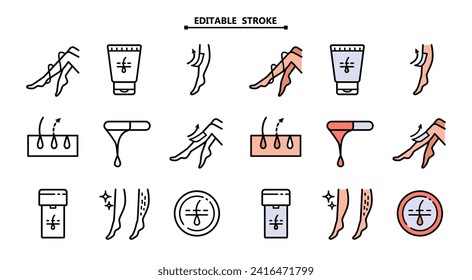 Waxing outline icons set. Editable stroke. Depilation equipment. Female, male hair removal procedure. Cold, hot wax in jar with spatula. Isolated vector outline illustrations.