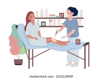 Waxing procedure 2D vector isolated illustration. Beauty salon client flat characters on cartoon background. Hair removal with wax colourful editable scene for mobile, website, presentation