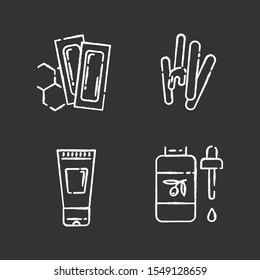 Waxing products chalk icons set. Hot, soft, honey wax in jar. Hair removal equipment. Body spray for depilation. Professional beauty treatment cosmetics. Isolated vector chalkboard illustrations