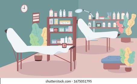 Waxing salon flat color vector illustration. Workplace in cosmetology shop. Beds for hair removing procedure. Room for depilation. Beauty parlour 2D cartoon interior with furniture on background