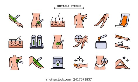 Waxing, skins, brazilian hear removal, color icons set. Editable stroke. Bikini, leg, armpit, buttocks hair removal. Hot wax jar, spatula Isolated vector flat illustrations