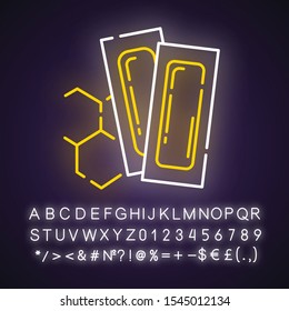 Waxing strips neon light icon. Natural, soft, honey wax. Body hair removal equipment. Tools for depilation. Glowing sign with alphabet, numbers and symbols. Vector isolated illustration