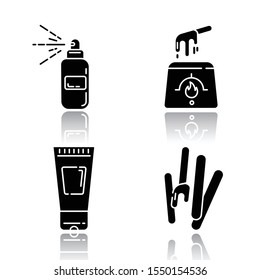 Waxing tools drop shadow black glyph icons set. Hot, soft wax strips with spatula. Hair removal equipment. Body lotion for depilation. Professional cosmetics. Isolated vector illustrations