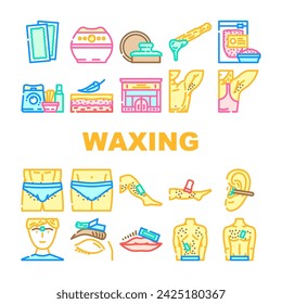 waxing wax hair body beauty icons set vector. spa salon, woman beautician, female treatment, depilation remove, leg hot, epilation waxing wax hair body beauty color line illustrations