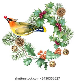 Waxwing, poinsettia and spruce branches. Can be used as a card, cover background or web message. Vector illustration in watercolor style.
