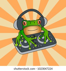 Waxy monkey tree frog DJ mixer against sunburst vintage background. Hand drawn artistic vector pop art