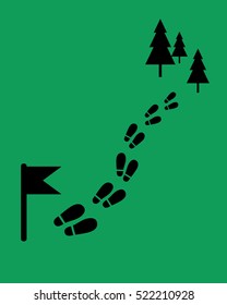 The way to the camp. Footstep with flag and trees. Flat style