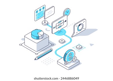 Way from coin to profit gaining. Direction of commercial company growth. Business roadmap concept isometric line vector illustration. Corporate strategy steps cartoon items colour composition