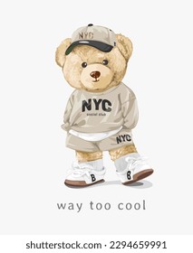 way too cool slogan with bear doll in set fashion style vector illustration