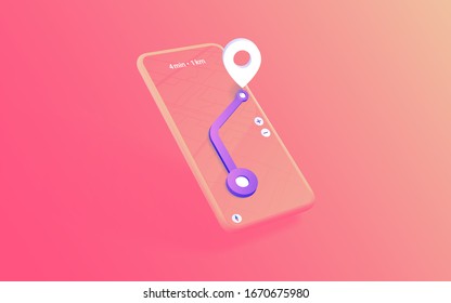 Way To Destination. Navigation. Navigation app with place and route. Navigation Mobile Applications Concept. 3d illustration.