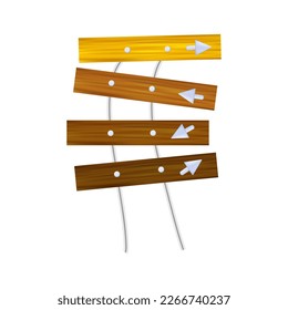 Way direction 3d. Wood pointer on the road. Board or signboard with an arrow forward or back, unknown direction. Crossroads, destination, choose and follow. Hanging wooden boards. Vector illustration.