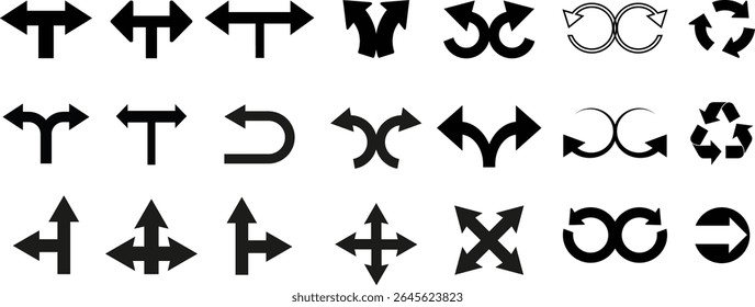 Way direction arrow icon set. One, two, and three-way direction arrows sign. Left, right road direction arrow. Road signpost symbol. Vector illustration. white backgund	