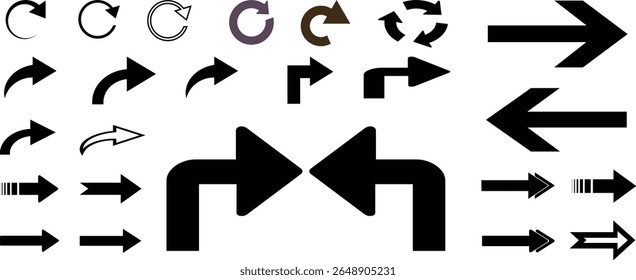 Conjunto de ícones de seta de direção da direção. Sinal de setas direcionais de um, dois e três sentidos. Seta de direção de estrada esquerda e direita. Símbolo de placa de sinalização de estrada. Ilustração vetorial. retaguarda em branco	