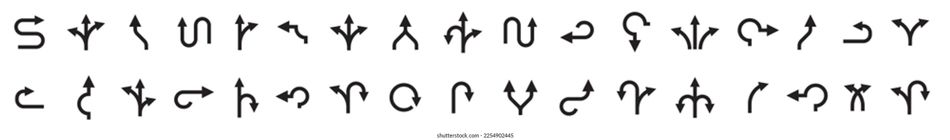 Way direction arrow sign collage.Road navigation arrows. Vector black line branching arrows. Driving direction mark, location point crossroad circle turning route black pictograms.