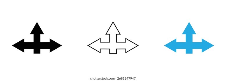 Sinal de seta de direção da direção. três setas, sinal de direção, ícone de direção da estrada vetor. sinal de seta de direção de três vias. ilustração de vetor. Eps 10.