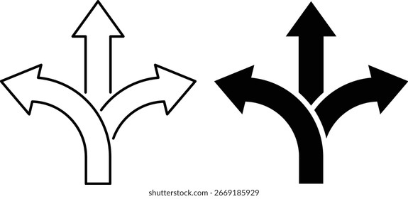 Definição do ícone de direção da forma. Setas de direção do tráfego rodoviário. Sinal de navegação de seta giratória. símbolo de seta ramificada

