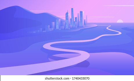 Way to the Downtown at Sunset. Contemporary Futuristic Landscape. Road Trip & Journey Route Wallpaper. Modern Artistic Cityscape Panoramic View. Flat Vector Illustration. Eps 10