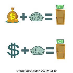 Way to exit. concept. Money and brain helps to find a way out. set. Stock flat vector illustration.