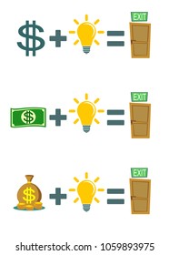 Way to exit. concept. Money and brain helps to find a way out. set. Stock flat vector illustration.