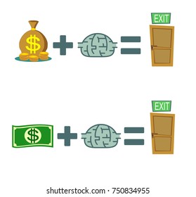 Way to exit. concept. Money and brain helps to find a way out. set. Stock flat vector illustration.
